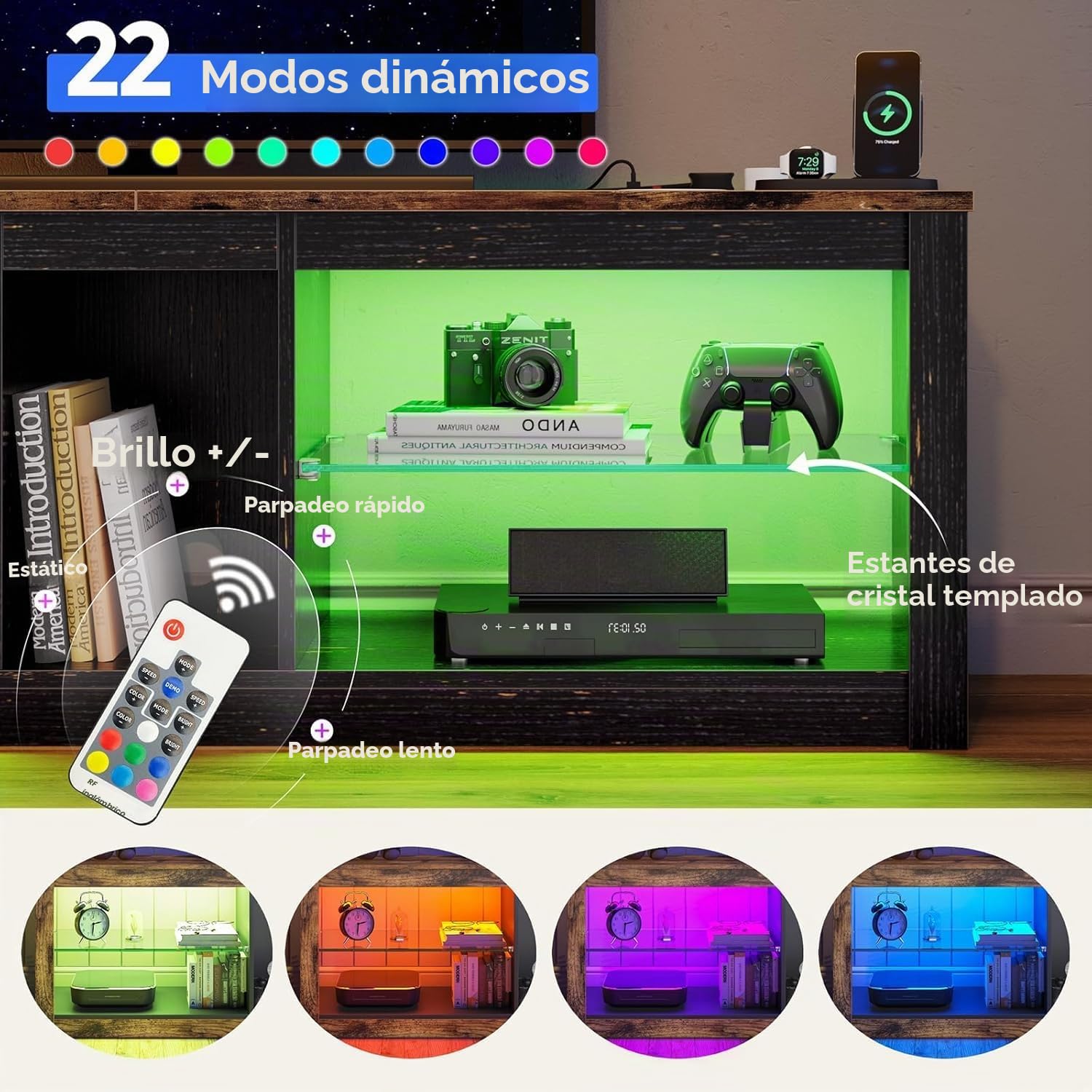 Bestier Moderno Mueble para TV de 140 cm, para TV con Estante de Cristal, Iluminación LED RGB para Televisores de 65 Pulgadas, para TV con Luces Ambientales para Sala de Estar y Dormitorio