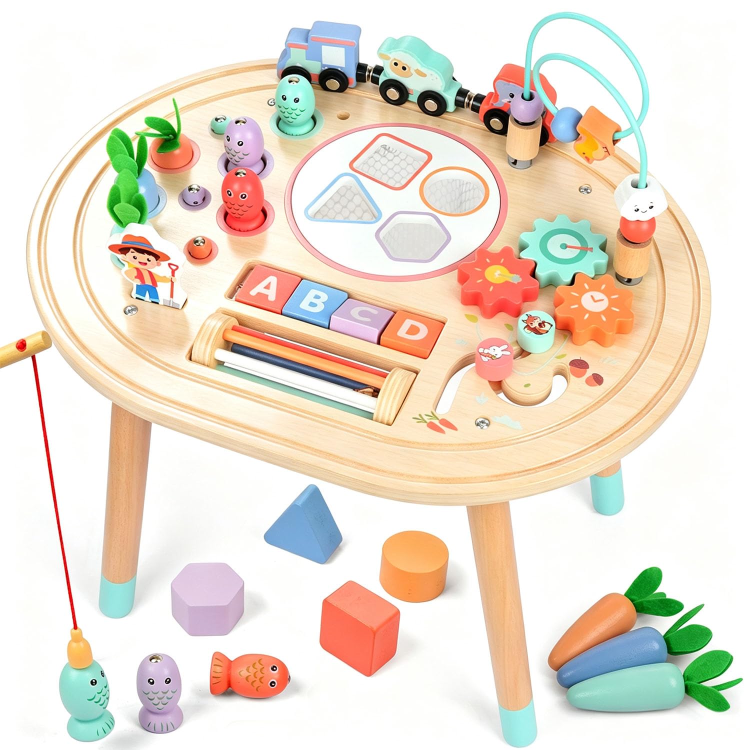 10-en-1 Mesa de Actividades Bebés, Montessori de Madera para Niños 1Años | Juguete Sensorial con Juego de Pesca, Tren de Animales y Clasificador de Formas, Regalo Cumpleaños Navidad para Niña Niño