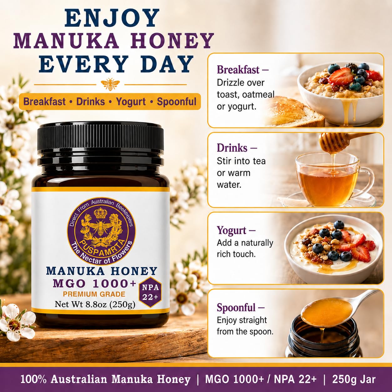 Puspamrta Australischer Manuka Rohhonig MGO 1000+ NPA 22+ 250g | MGO 1000+ NPA 22+ Australian Manuka honey, 250g jar for tea, toast, breakfast and pantry use