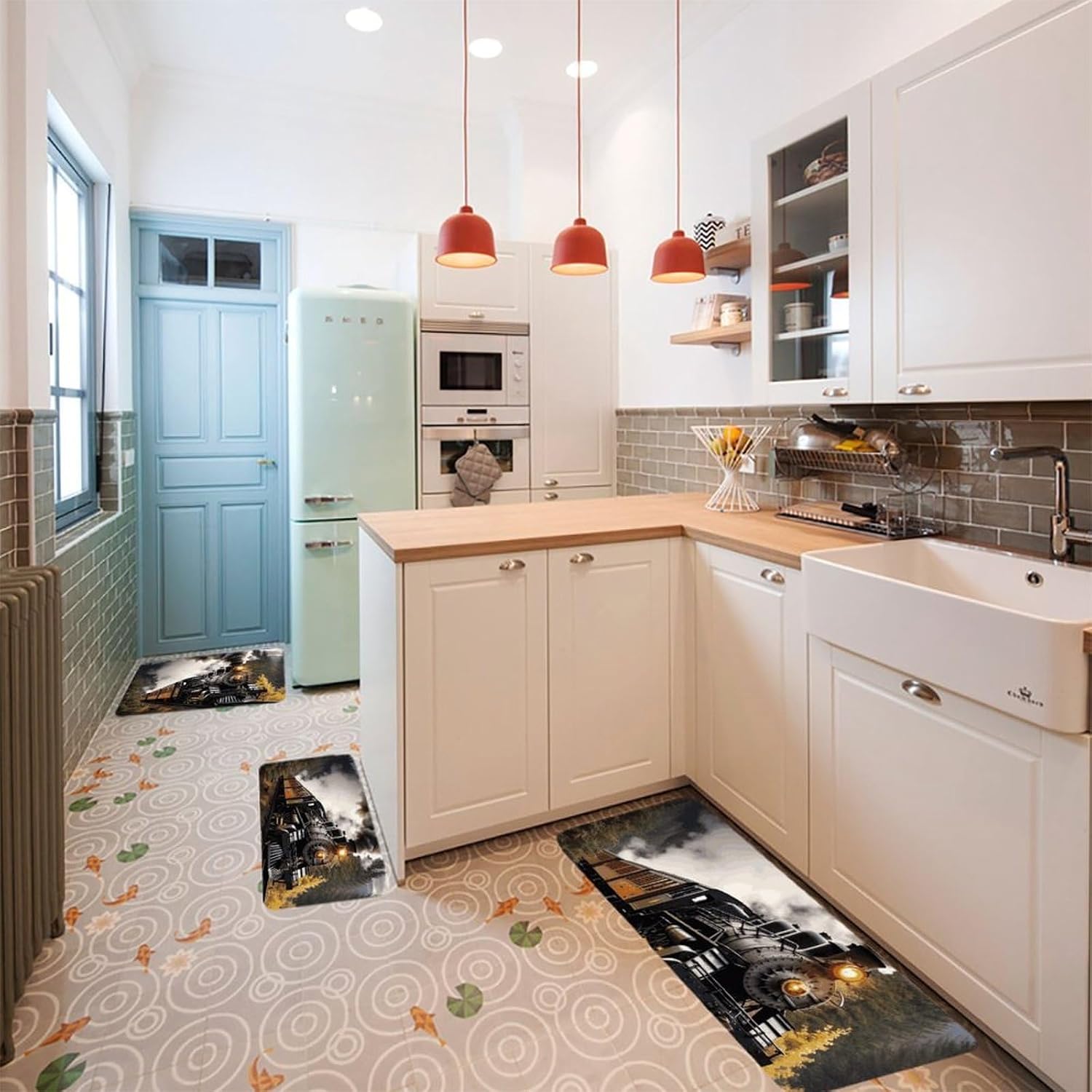 Steam Train Kitchen Mats for Floor 3 Pcs Kitchen Rugs