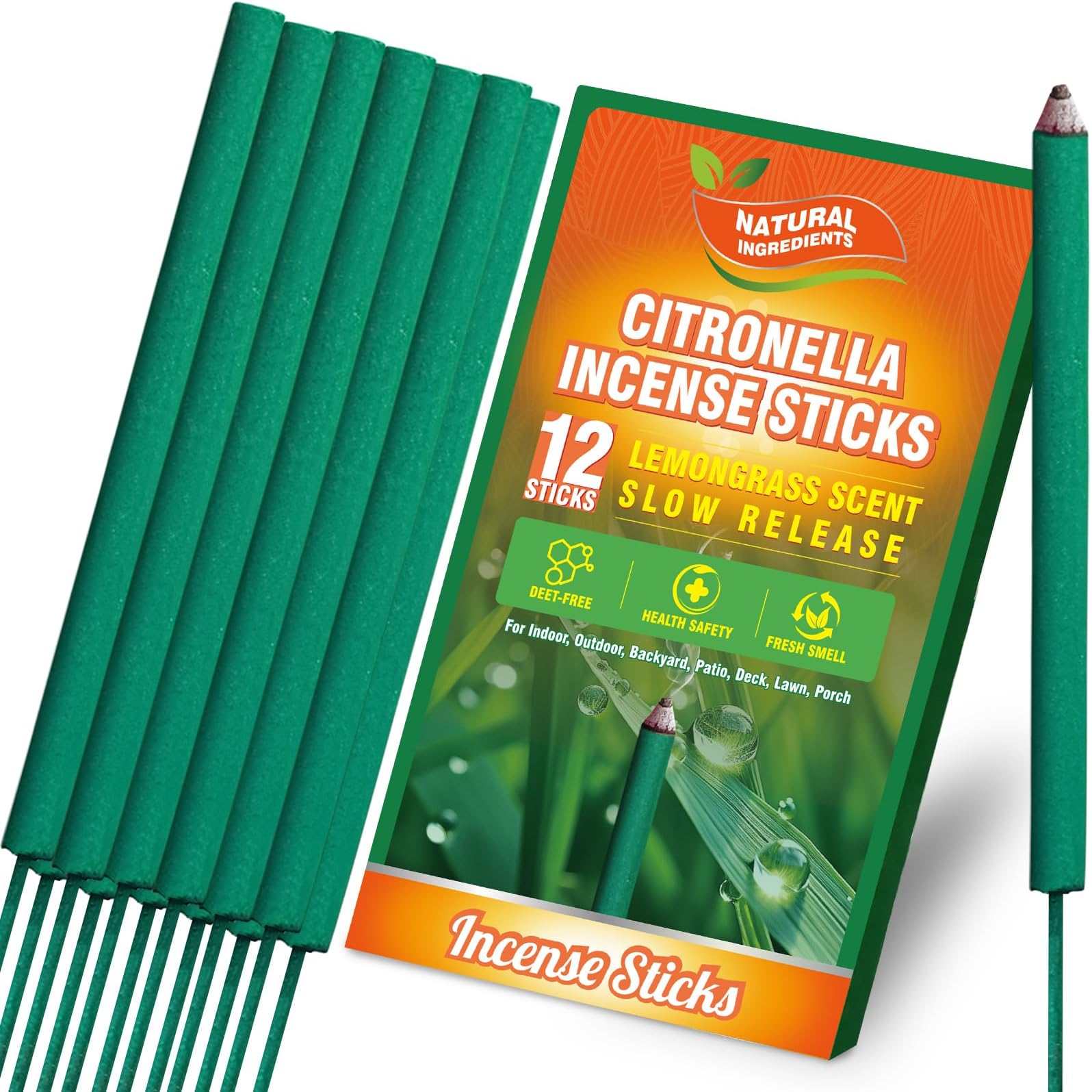 SCENTORINI Citronella Incense Sticks, Thick Citronella Total Up to 12-Hour Burning Time, Lemongrass Incense Sticks, for Summer Outdoor Pool Side, Garden, Patio Camping, Porches, Courtyards, Farms
