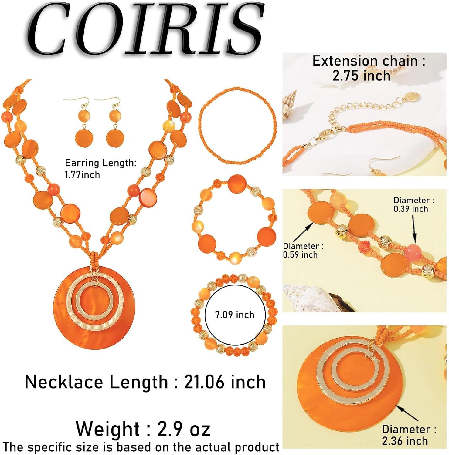 Coiris Shell Necklace Jewelry Sets for Women Boho Chunky Costume Orange Blue Multi Beaded Pendant Handmade Jewelry Sets for Women - Image 4