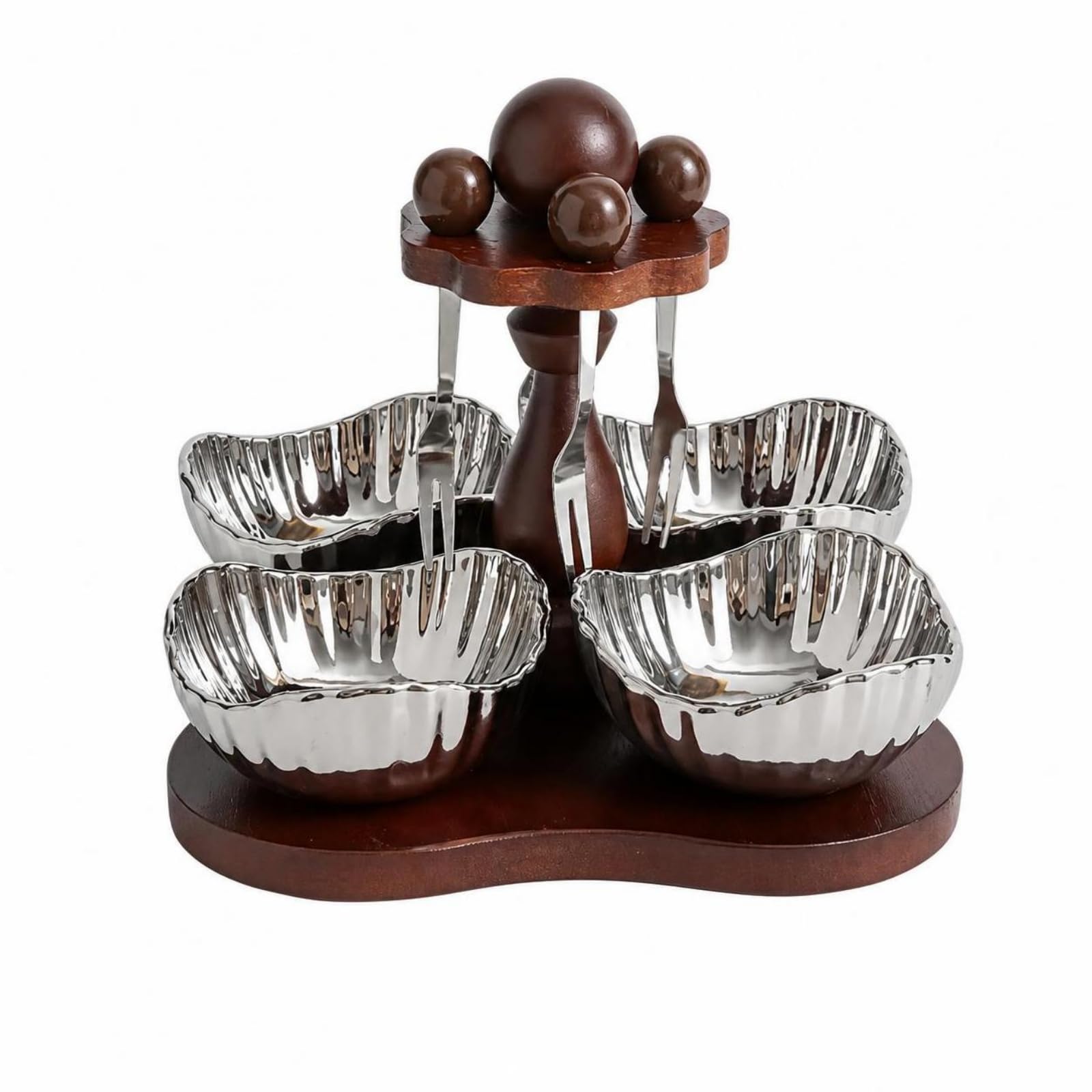 Gralara Elegant Snackschale mit 4 Fächern | Gerippte Metall-Optik, Servierschale mit fuß, dekorativ, Snackteller Fächern, für Couchtisch, Kaffeetafel, Silber
