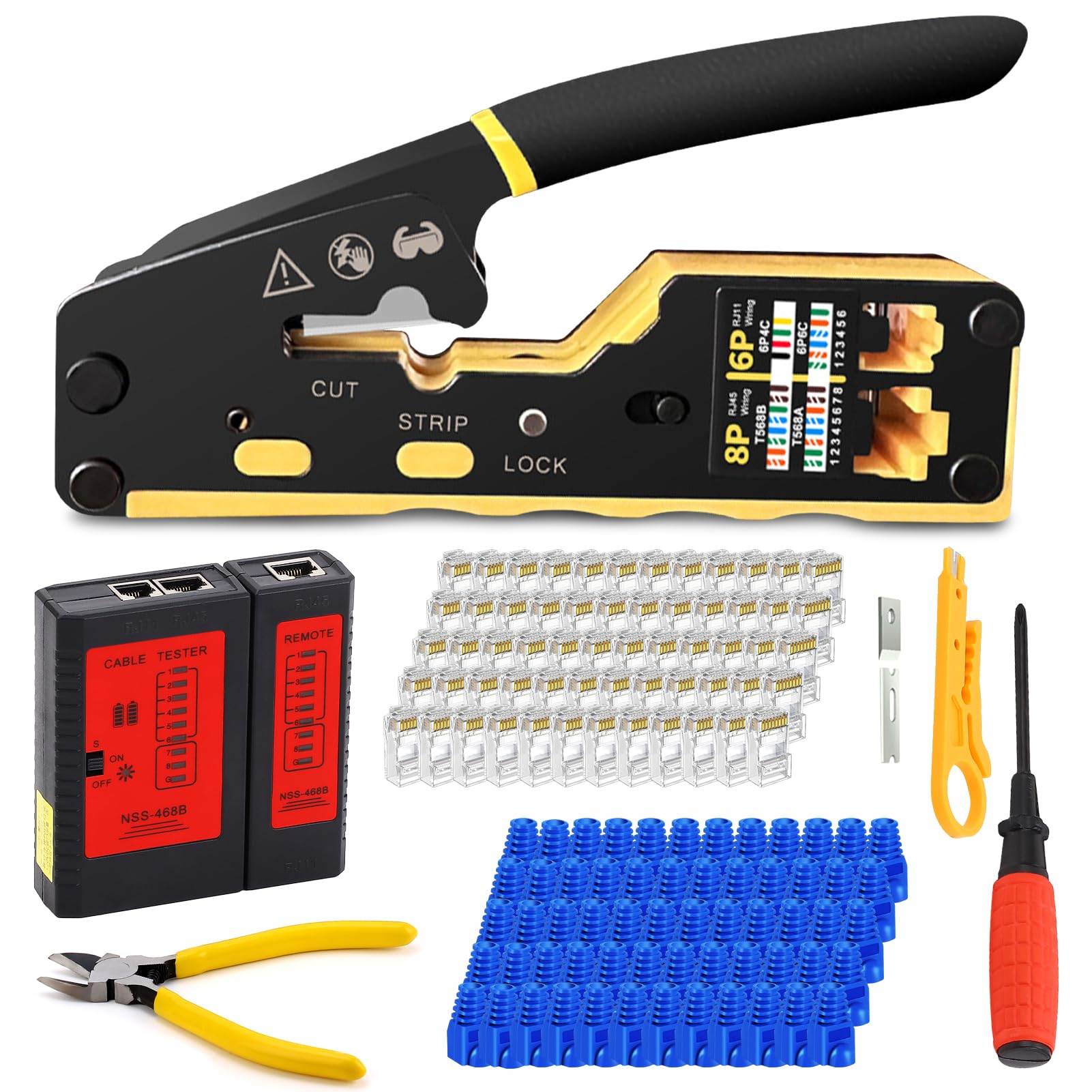 RJ45 Crimp Tool, Ethernet Crimper for Cat5/5e/6/6a/7/6p+8p/RJ11/RJ12, Crimping Tool with Cable Tester, Mini Stripper, Blades, 60-Pack Cat6 RJ45 Pass