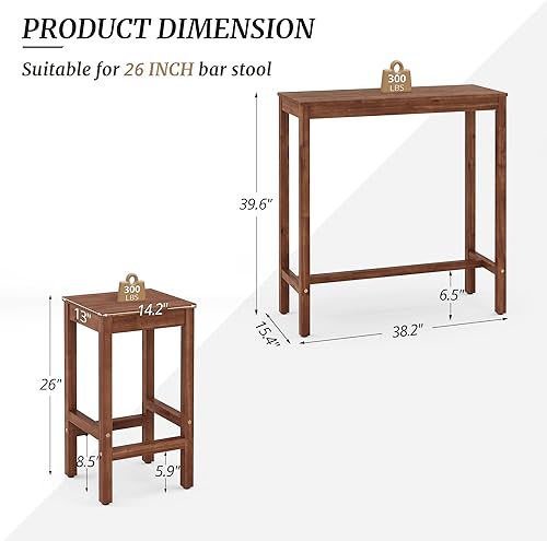Miniatura 3 de Juego de mesa y sillas de bar de 38 pulgadas, mesa de pub de madera de acacia con 2 taburetes, juego de mesa rectangular de altura de mostrador para