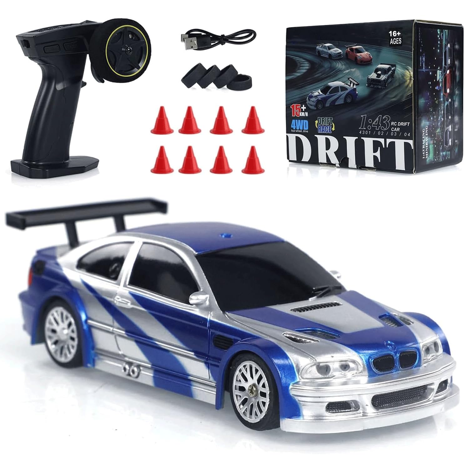OYDL RC Remote Control Sports Car, 1/43 Scale Mini Racing Drift Car Toy 2.4G Full Proportional RC Electric Model with Lights, Remote Control Vehicle for Adults Teen - RTR Version/Blue White