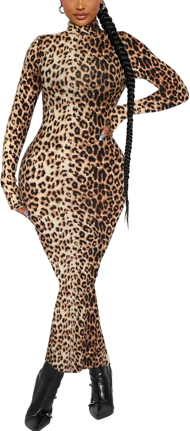 Women's Long Sleeve Bodycon Dress Maxi Mock Neck Fall Winter Casual Club Party T Shirts Tight Dresses - Image 2