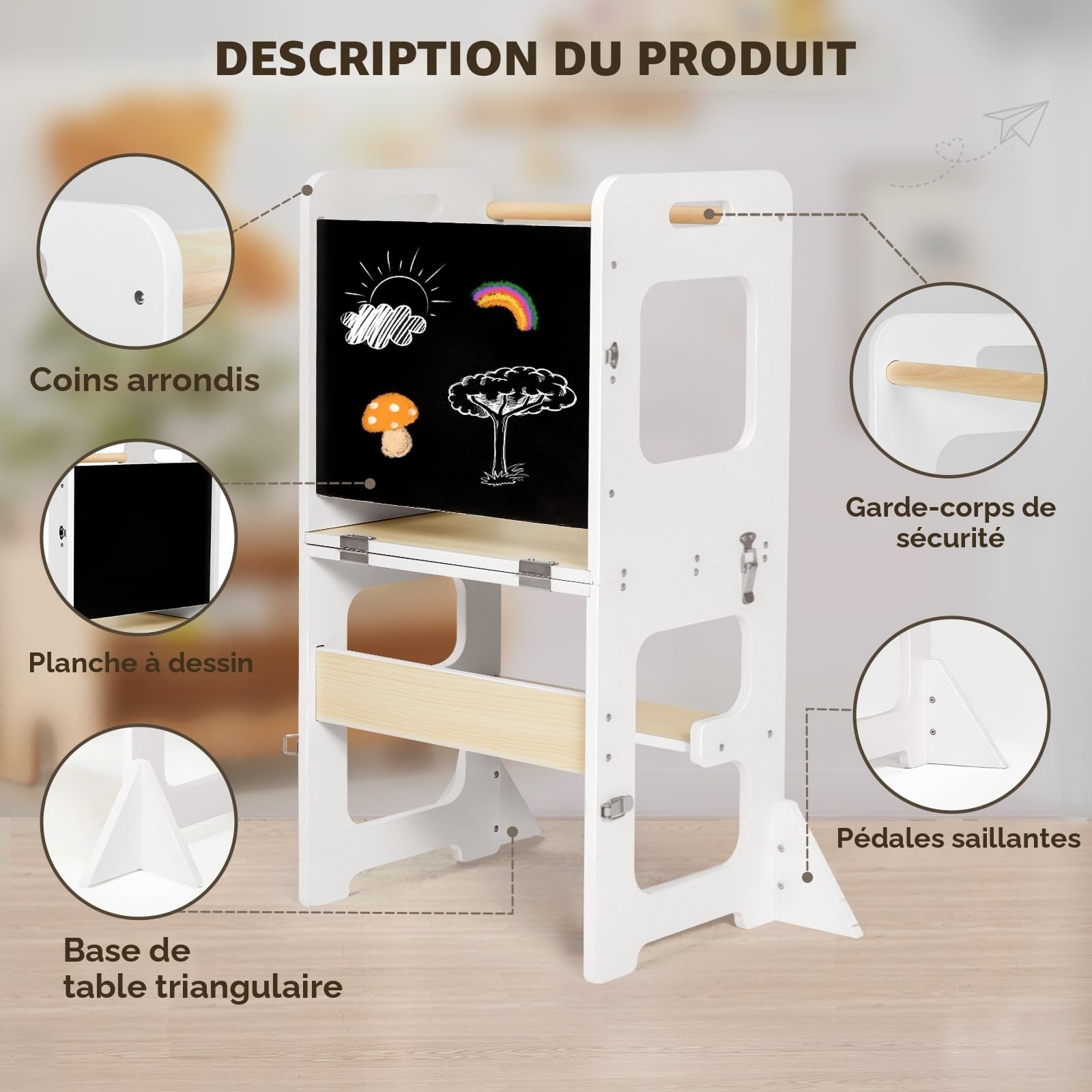 Labebe Tour d'apprentissage pour Enfants Montessori 3 en 1 Pliable avec Protection Anti-Renversement