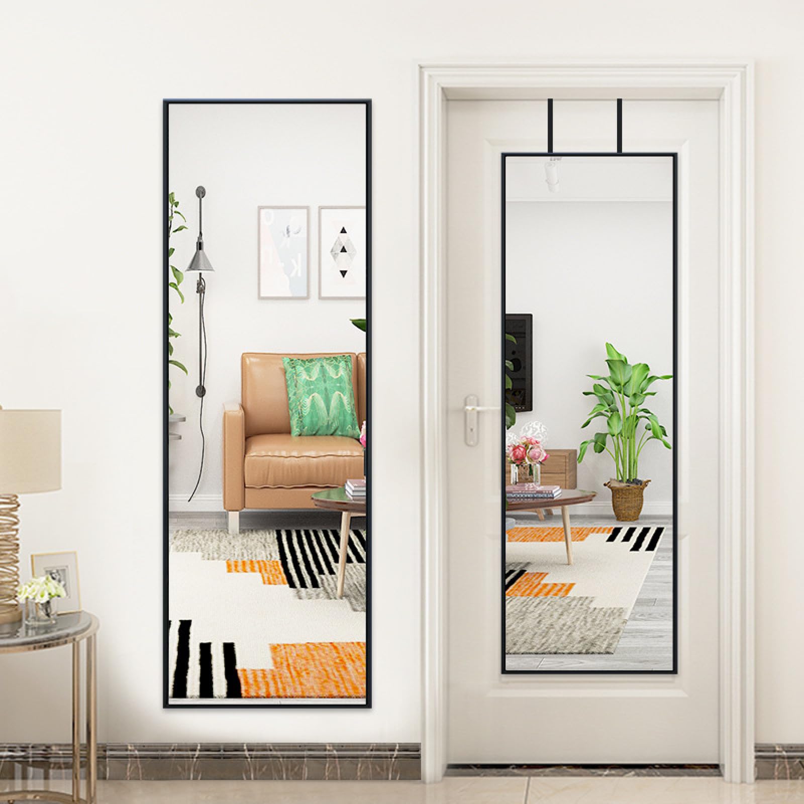 Miroir de porte avec 2 crochets en métal, noir pleine longueur, à