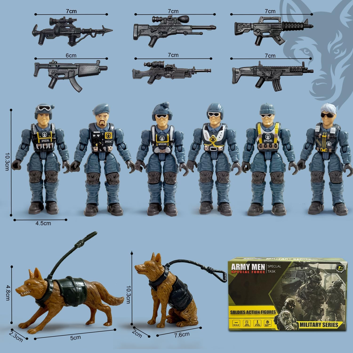Army Men Action Figures, Toy Soldiers for Boys 6-8, Boys Toy Plastic Army Men Toys with 2 Dogs and 6 Weapons Toys for Boy Military Collectors