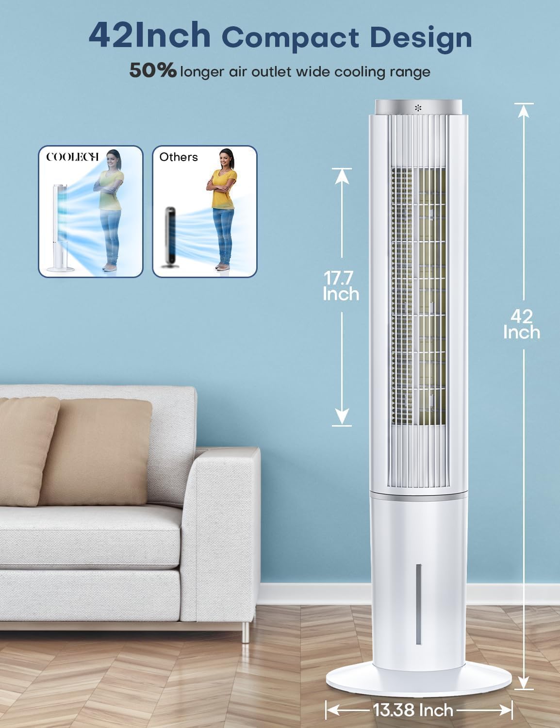 Diagram showing the dimensions of the 42-inch COOLECH air cooler