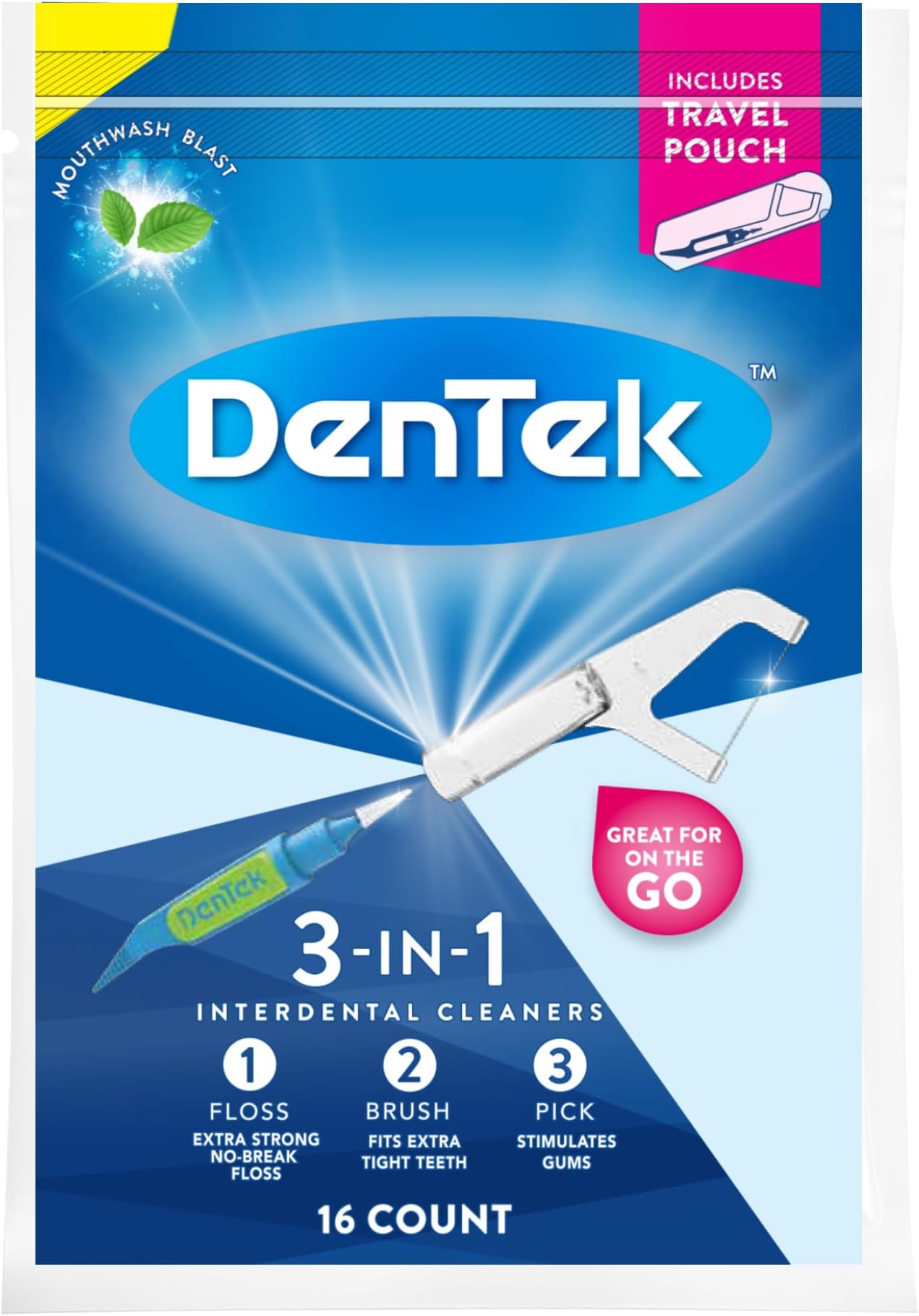 DenTek 3-In-1 Interdental Cleaners | Floss, Brush, Pick, Travel Pouch | 16 Count