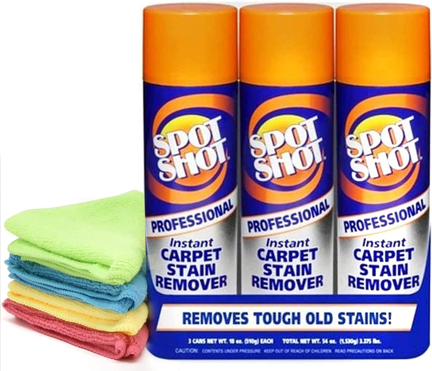 Spot Shot 18 oz Professional Carpet Stain Remover 3 Pack, and 4 UBEN Microfiber 12x12 Cleaning Cloths Included