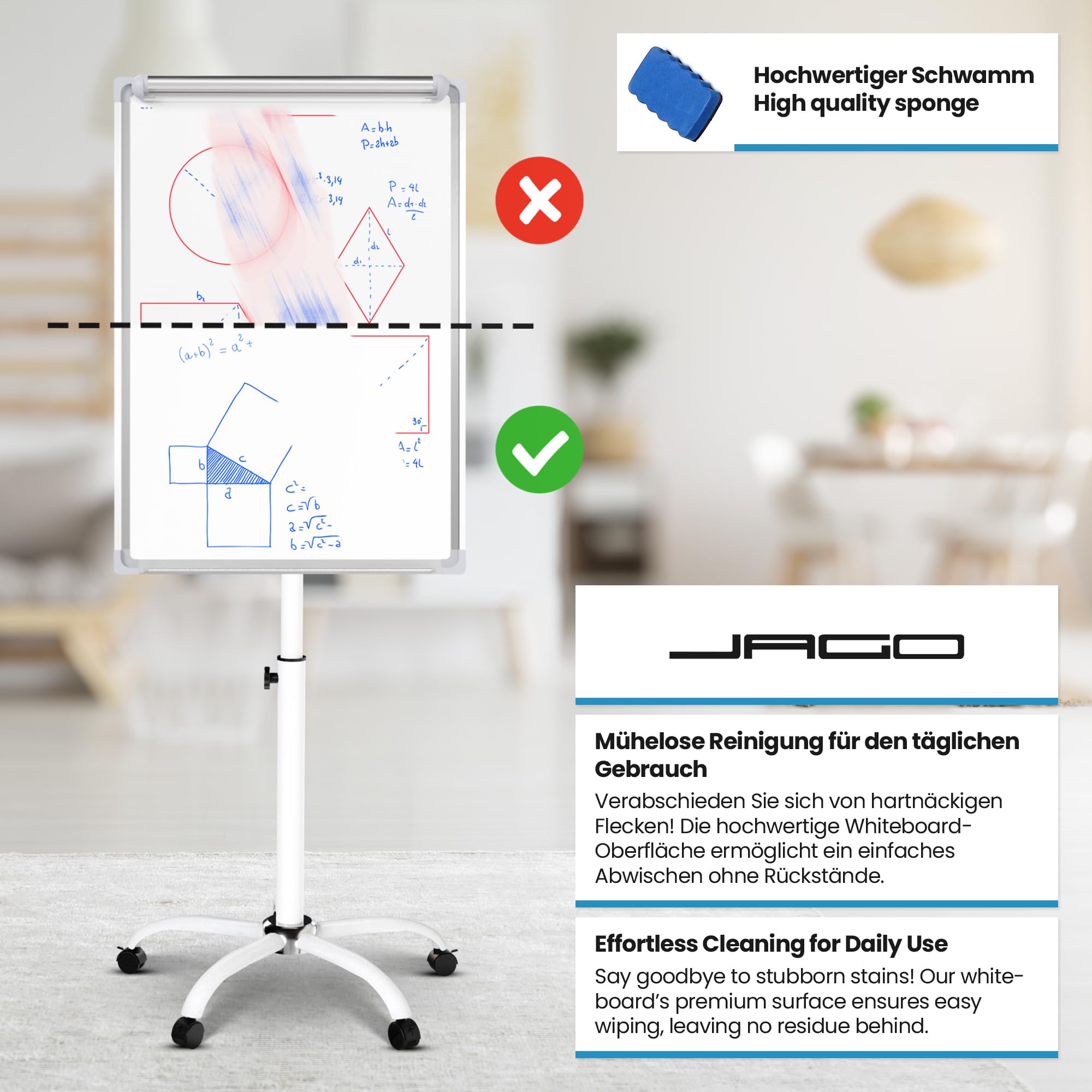 Jago® Lavagna a Fogli Mobili - con Ruote, 60 x 90 cm, Altezza Regolabile, 2 Bracci Estensibili, con Pennarelli, Magneti, Spugna - Lavagna Portablocco, Flipchart, Bacheca Magnetica