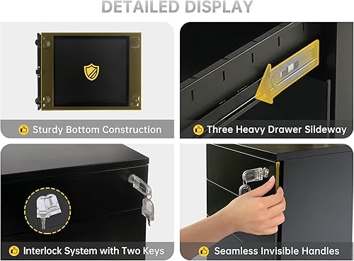 Miniatura 18 de Archivador móvil de 2 cajones con cerradura, archivadores de oficina para debajo del escritorio, archivador pequeño totalmente montado excepto Negro