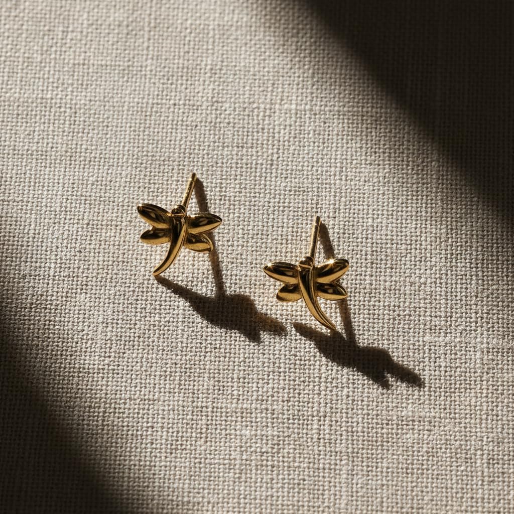 14K Yellow Gold Tiny Dragonfly Stud Earrings - 0.23in