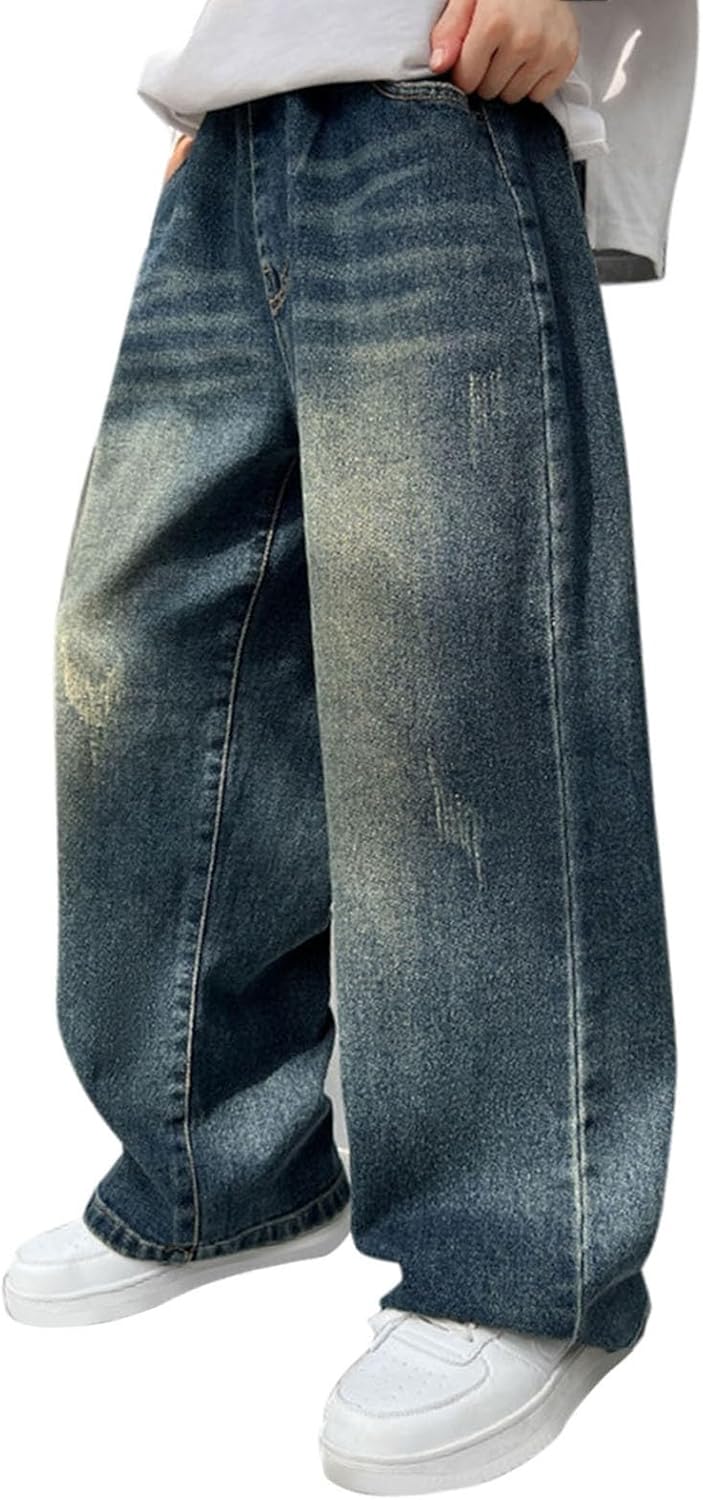Little Boys Baggy Jeans Kids Casual Straight Leg Elastic Waist Loose Denim Pants with Pockets Teen Vintage Hip Hop Streetwear