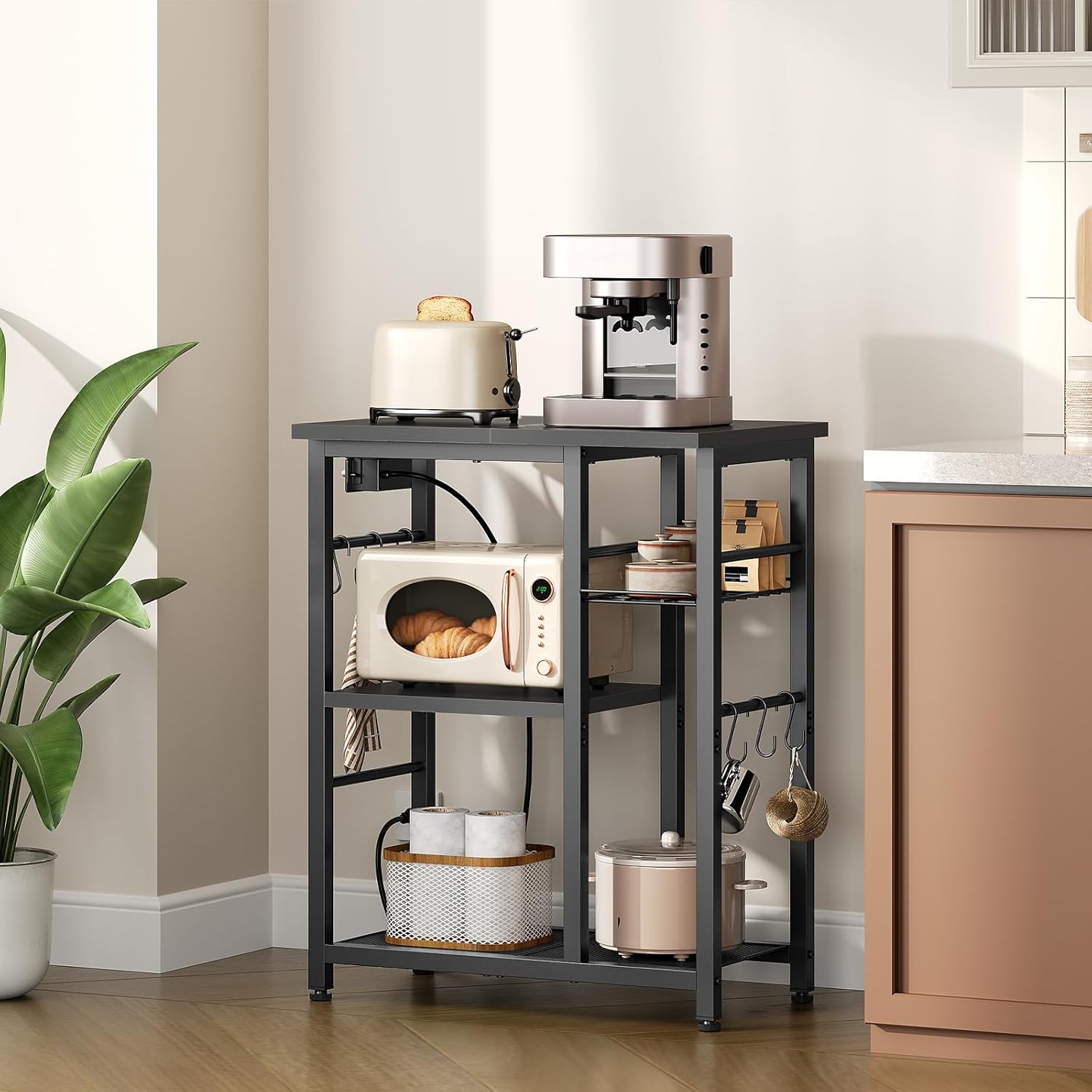 Coffee Pod Drawer Holder and Movable Bakers Rack Bundle, Microwave Stand with Charging Station, Kitchen Storage Rack with Hooks and Basket KH08BRG1-HB04UBR