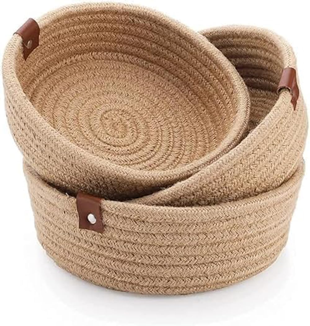 ALBY® Rope Storage Natural Handwoven Jute Round Shelf Basket For Your Home & Kitchen (Small, Medium, Large)-Pack Of 3 (Beige)