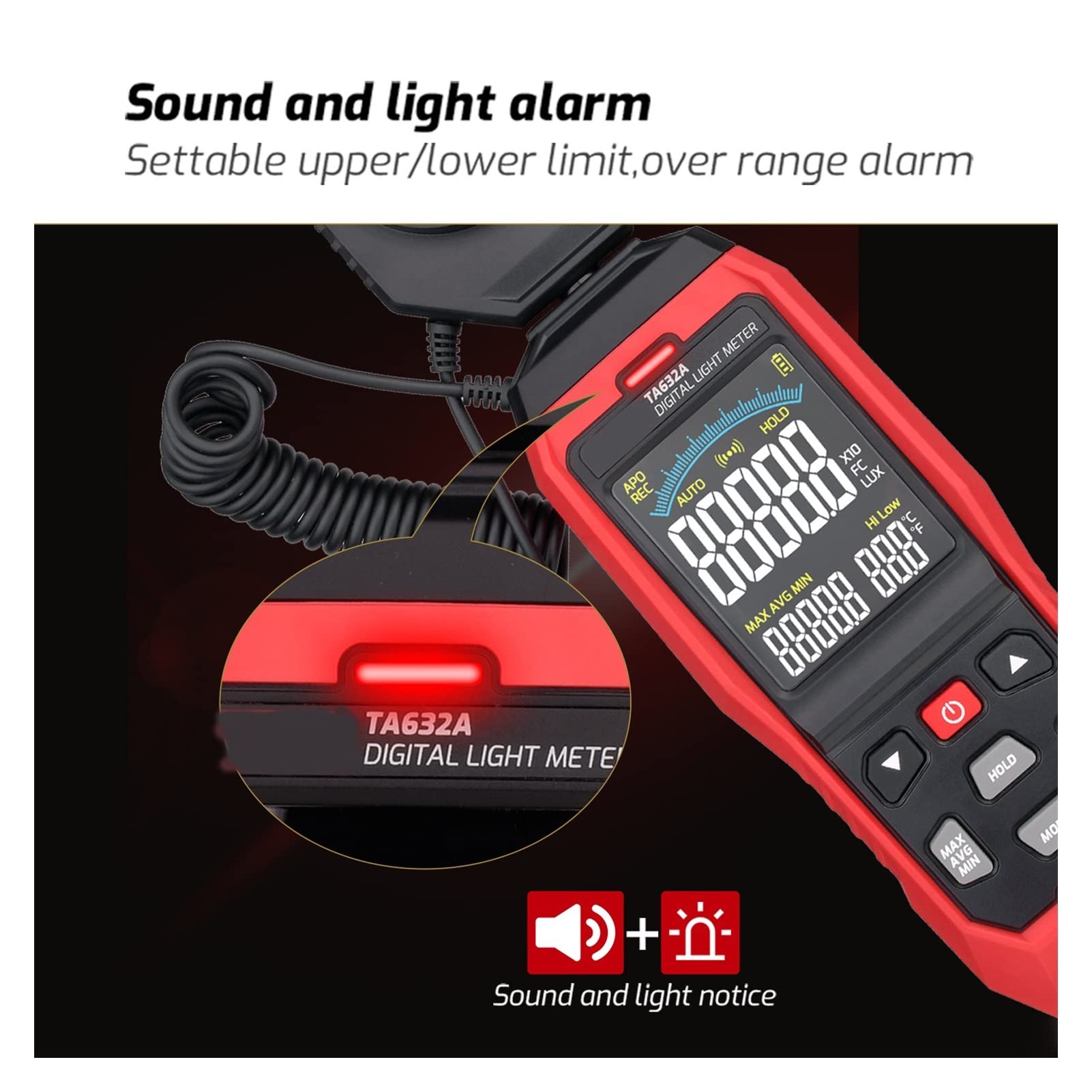 Luxómetro Portátil, LCD Medidor de iluminancia digital Ta632a Medidor de iluminación de mano 0-200000 METRO DE LUZ LUX Iluminador digital Iluminador de mano Temperatura ambiente de temperatura para in
