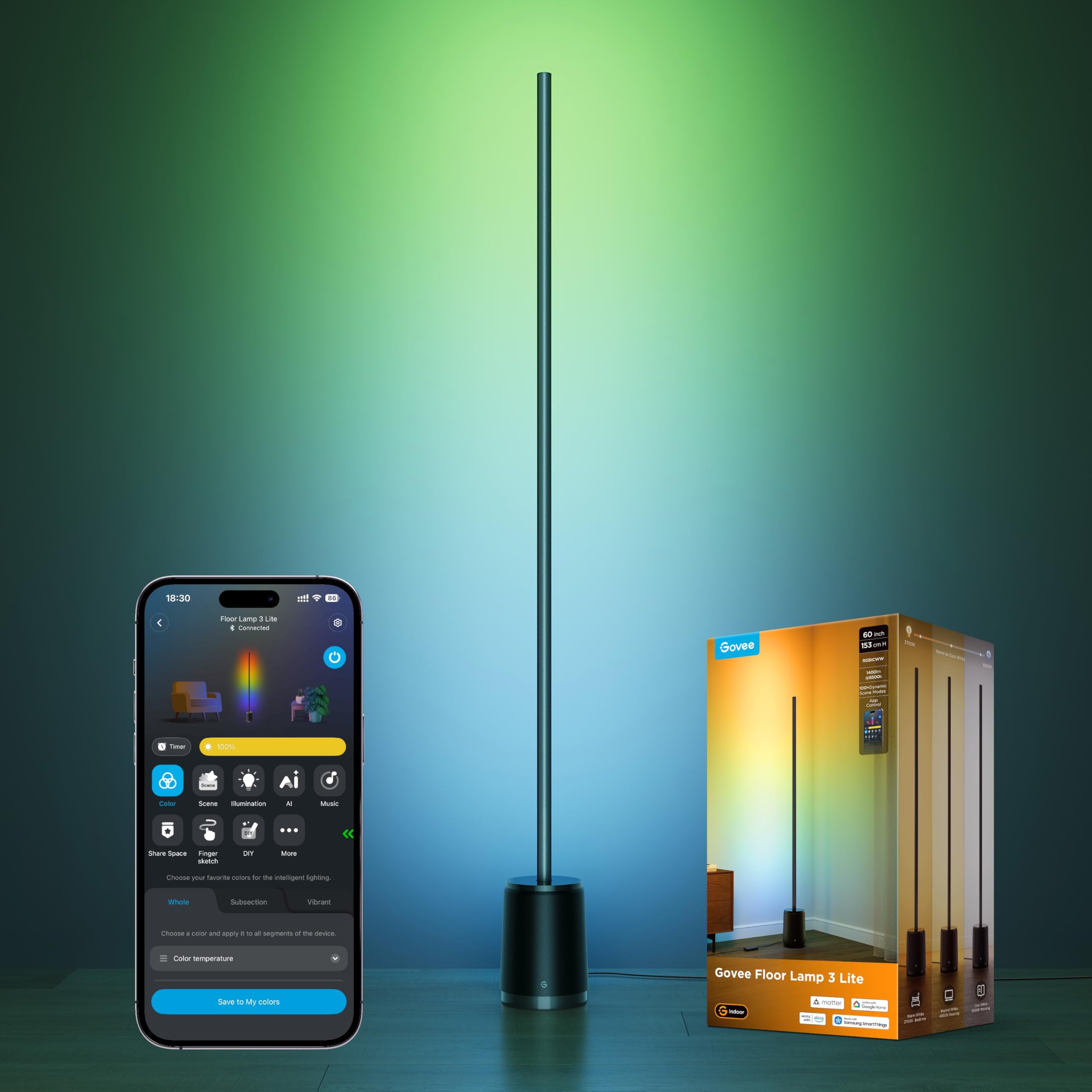 Govee Lampara de Pie 3 Lite RGBICWW, 1400lm Lámpara Salon de Pie LED Regulable 152cm, 2700K-6500K, Sincronización de Música,105+ Escenas y 12 Modos de Música, Compatible con Alexa y Matter, Negro