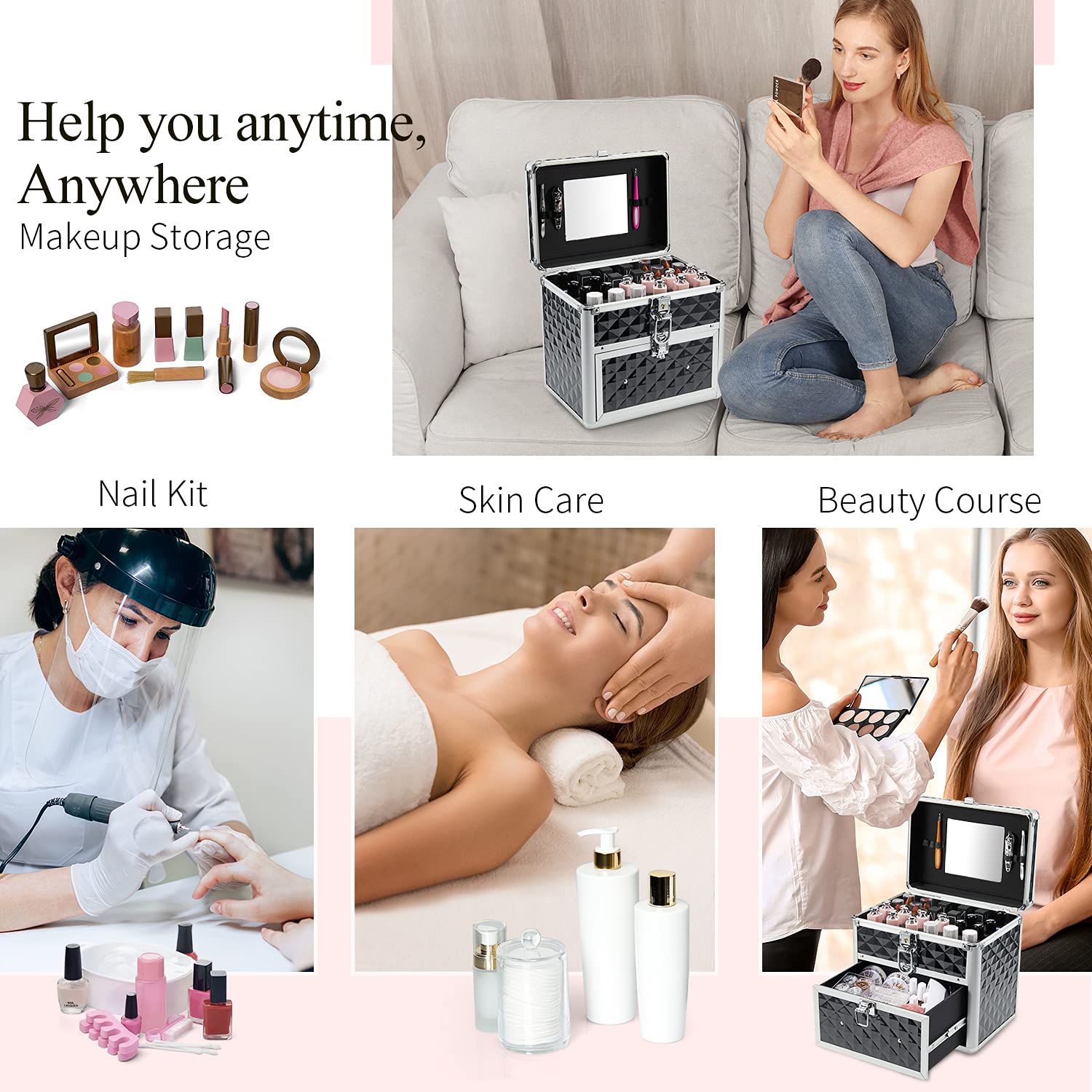 Frenessa Makeup Case Portable Train Case Cosmetic Box Organizer with Drawer Nail Polish Storage with Mirror Lockable Makeup Artist Nail Tech Case for Girls and Women - Black : Beauty & Personal Care