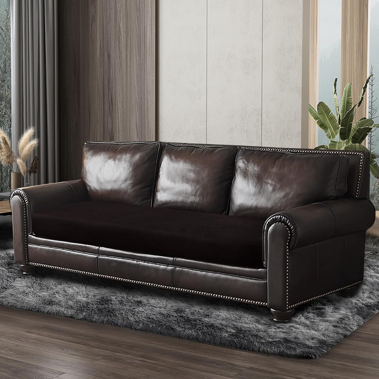 Leather Look Couch Cushion Covers Sofa Seat Slipcovers Sets Couches Furniture Protector for Sectional Armchair Loveseat Pets Kids Stretch Spandex Fabric (1 Cushion XL Sofa, Chocolate)