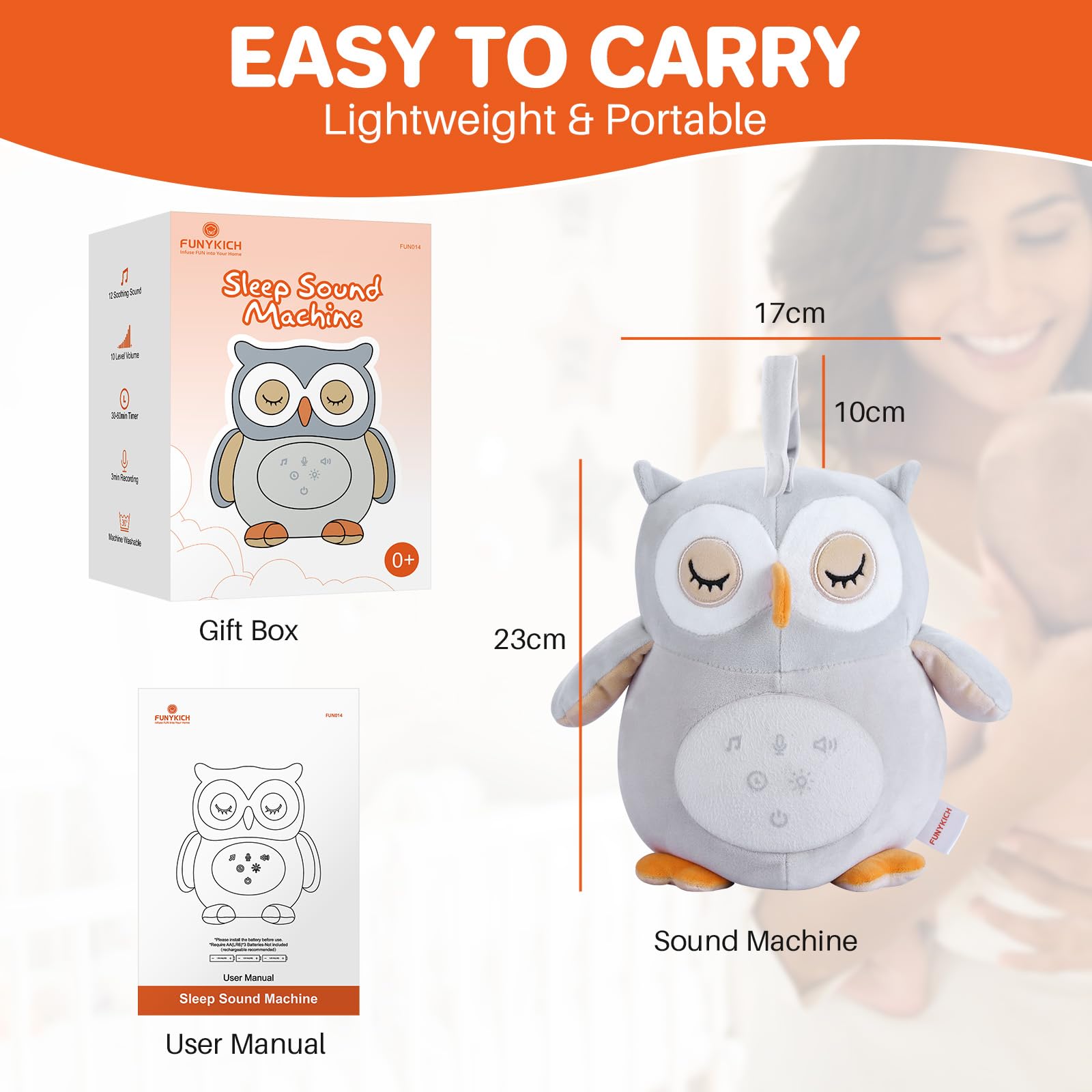 FUNYKICH Peluche Hibou Apaisante Hochets Apaisants avec Bruit Blanc pour Bébé Jouet Musical Lumineux pour Nourrissons Veilleuse Peluche Lavable en Machine avec Partie Détachable