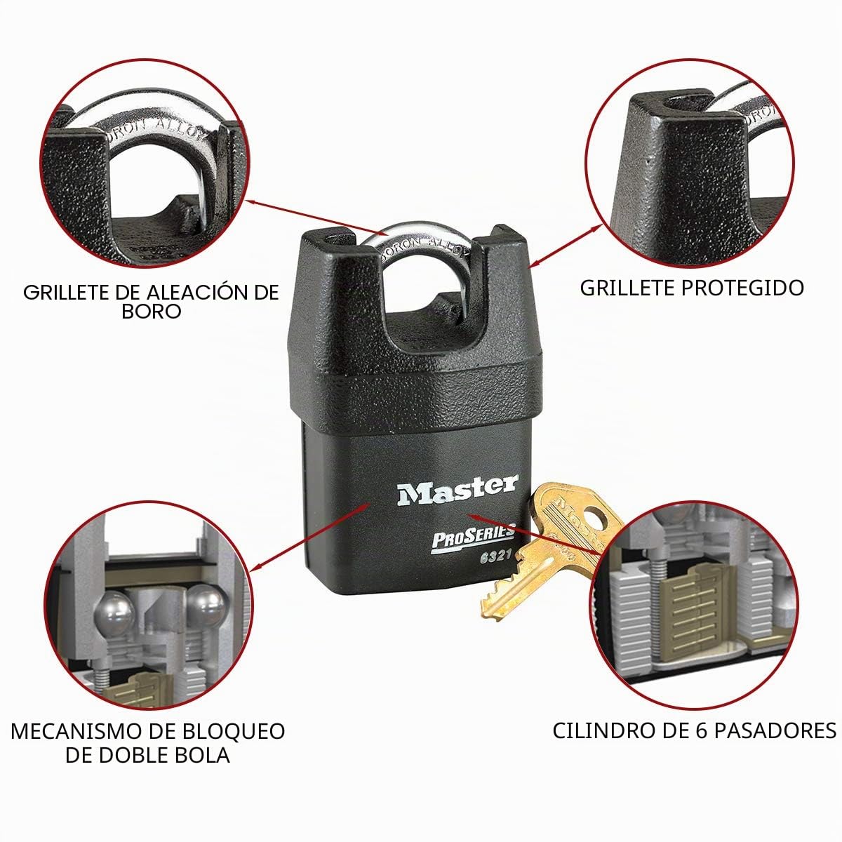 Master Lock 6321EURD Candado Alta Seguridad y Estanco, Llave, Arco Protegido, Exterior, 6321EURD, Óptimo para Usos de Transporte y Industriales, 54mm