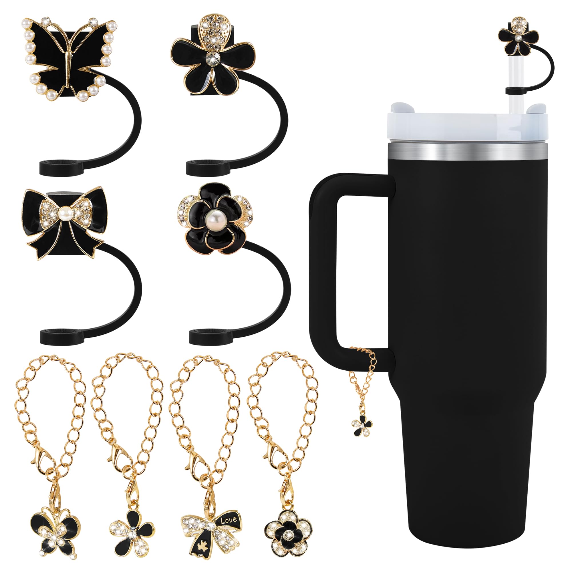 Odiwellan Straw Cover Caps for Stanley Cup Accessories - 10mm 0.4" Straw Lids with Shiny Diamond Bows, Butterflies, and Flowers and Matching Chain