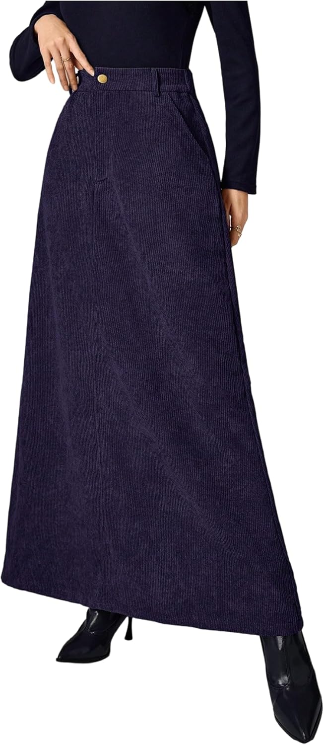MakeMeChic Women's Business Casual Corduroy Skirt High Waisted Zip Up A Line Maxi Skirts