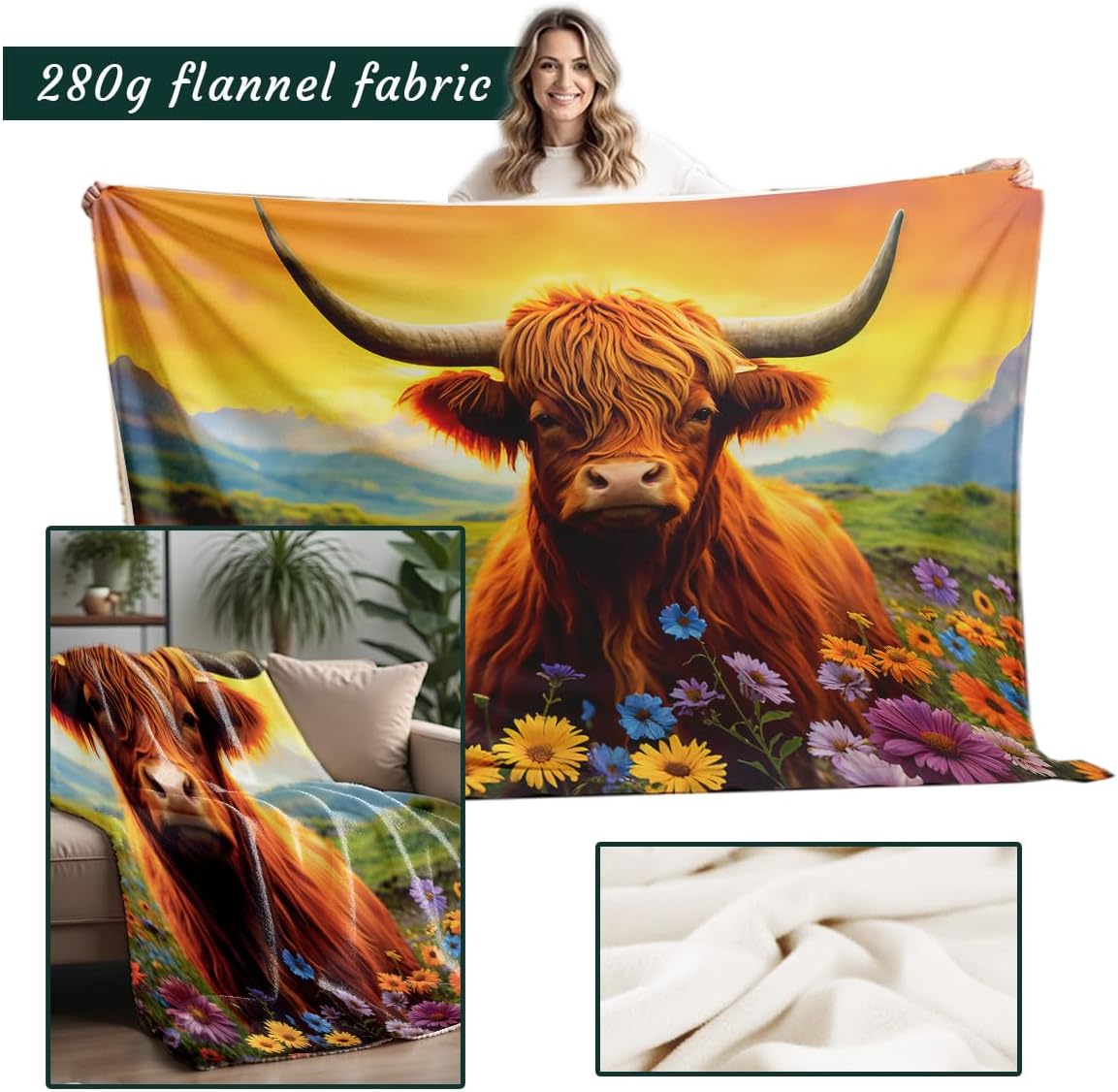 Printed Bed Blanket Cattle and Flower Throw Highland Cow Queen Size Flannel Blanket for Couch Sofa Travel Decor (49"x59") - Image 2