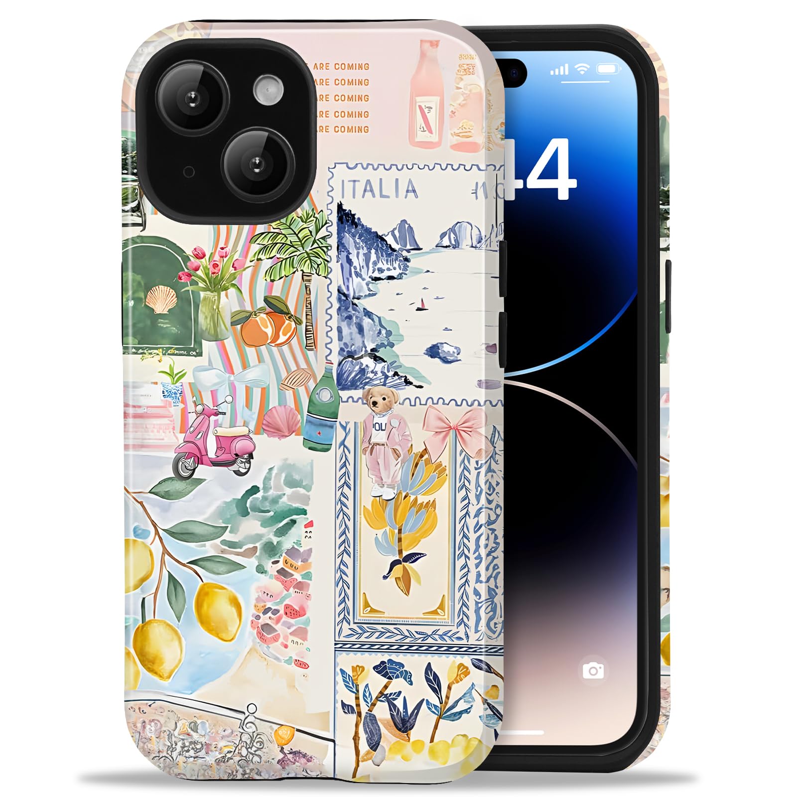 Amzfield for iPhone 13 Case for iPhone 14 Case, Aesthetic Summer Phone Case Cute Italy Culture Collage for Girl Women, Scratch Resistant Shockproof