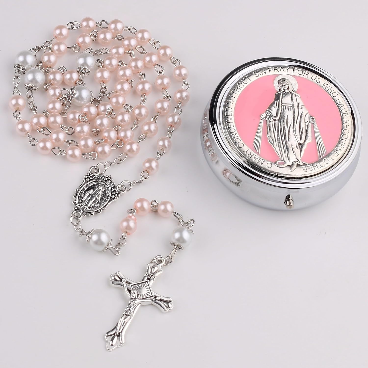 Catholic Town 6mm Glass Pearl Beads with 8mm Our Father Beads with Caps Rosary Pack in Miraculous Metal Gift Box (Available in Blue and Pink colors)