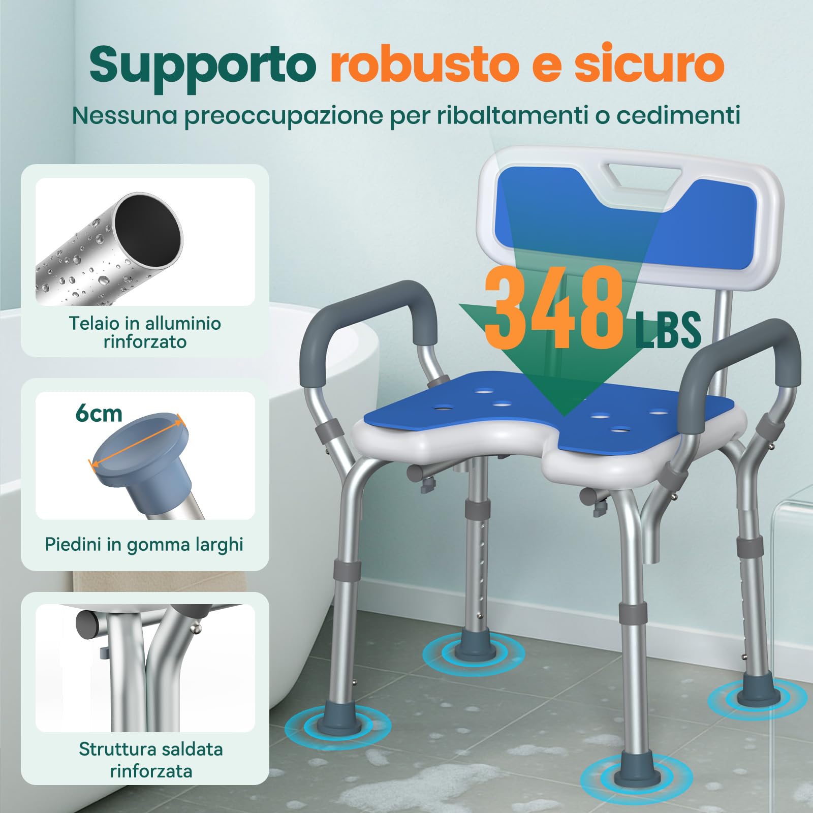 Sedia Doccia Regolabile con Braccioli – Sedile Doccia Antiscivolo a Forma di U con Schienale e Braccioli Imbottiti, Sgabello da Bagno Leggero per Anziani, Disabili e Recupero