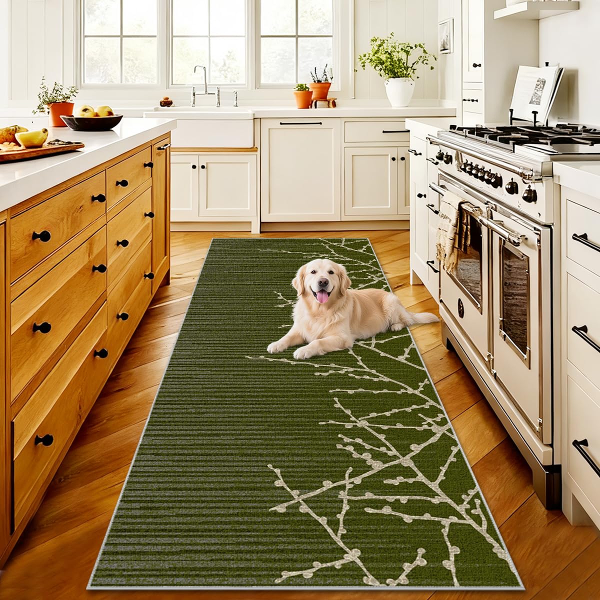 Tapis de couloir lavable vert 60x120 cm sur mesure pour cuisine et entrée