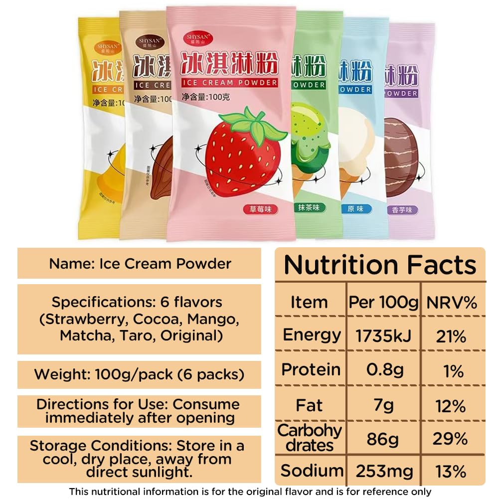 DAMAICHUHAI Préparation pour Glace, Poudre pour Crème Glacée Maison - Kit de 6 Sachets de 100g avec 6 Saveurs Variées (Chocolat, Fraise, Matcha, Taro, Vanille, Cacao) - Idée Cadeau, Facile et Rapide