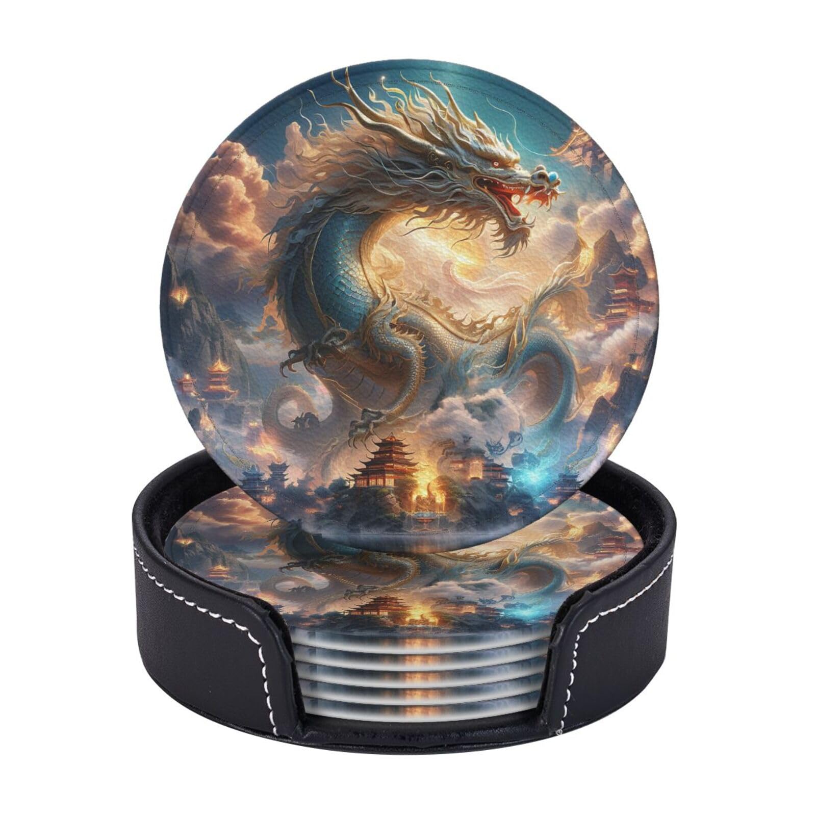 Drink Coasters with Holder Dragon in The Heavenly Palace Coasters 6 Pcs Round Coasters for Drinks Mugs Mat Cup Pad Leather Coasters for Coffee Table Kitchen Dining Room Bar Decor 3.9 Inch
