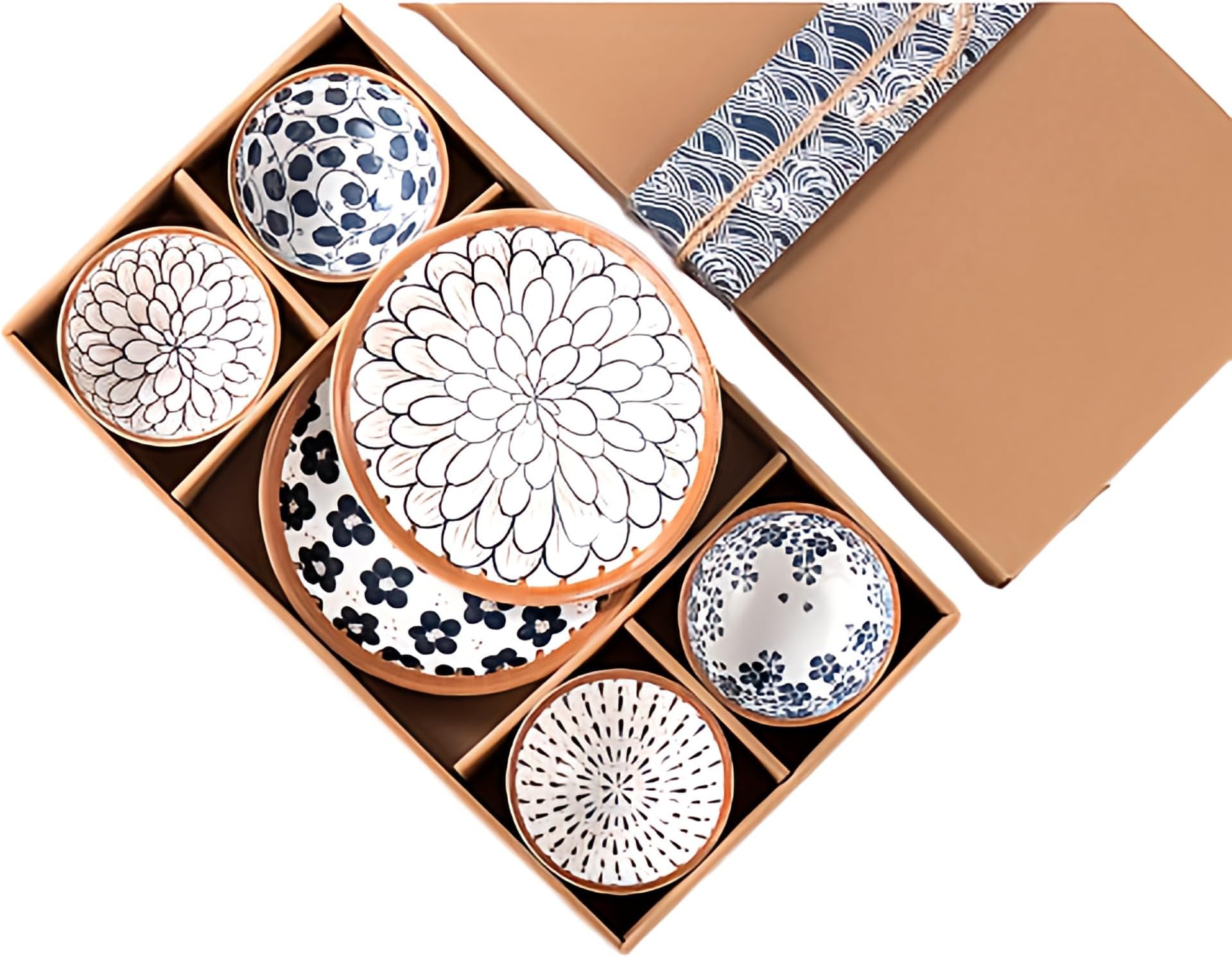 4 Piece Japanese Style Ceramic Bowl Dish Set, 8 Inch 2 wide plates, 4.5 Inch 4 Rice Bowls, Suitable for Microwave, Ovens, Dishwashers (set of 6)