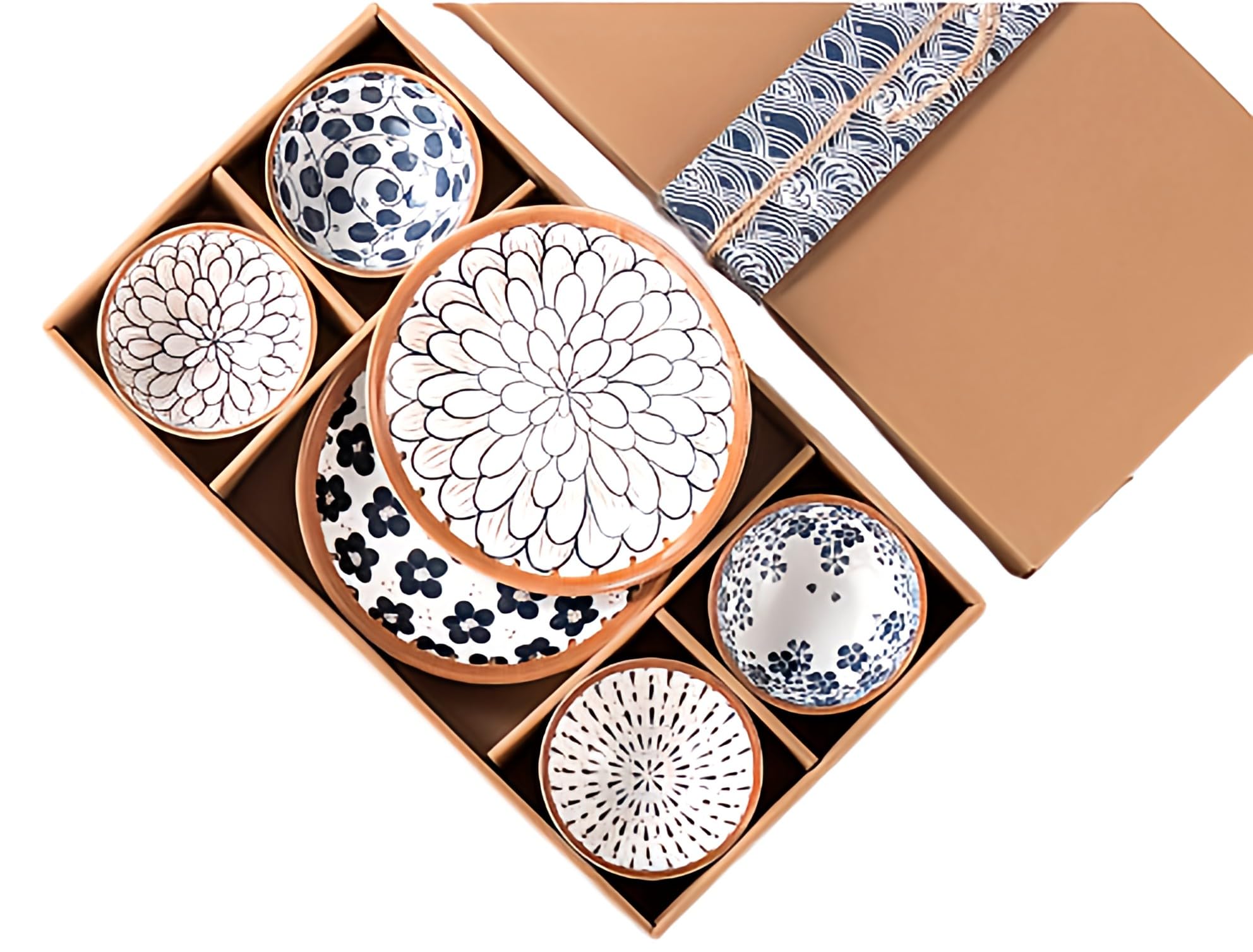 4 Piece Japanese Style Ceramic Bowl Dish Set, 8 Inch 2 wide plates, 4.5 Inch 4 Rice Bowls, Suitable for Microwave, Ovens, Dishwashers (set of 6)