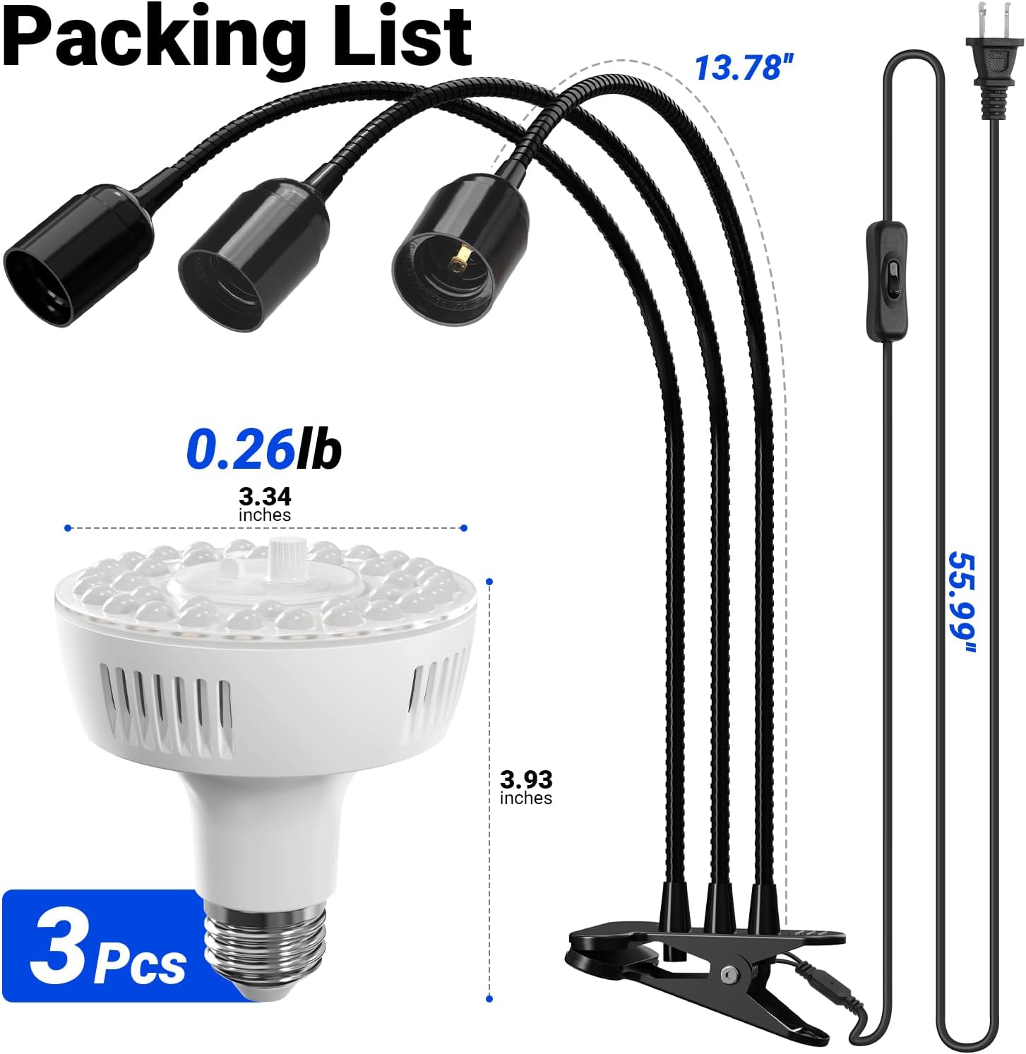 Barrina Orbgrow OG11A3 Clip On Grow Lights for Indoor Plants, Integrated Stepless Dimming & Timing, 4000K 33W(3 x 11W, 300 Watt Equiv), Full Spectrum 3-Gooseneck with E26 Plant Light Bulbs