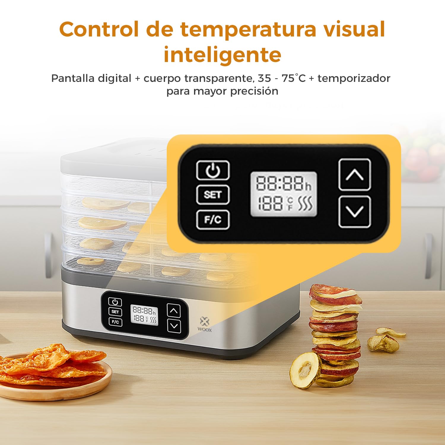 WOOX Deshidratador de Alimentos 240W, Deshidratador con 5 Bandejas Altura Regulable, Pantalla LED, Temporizador 99H y Temperatura Ajustable, Deshidratadora de Frutas y Verduras, Sin BPA