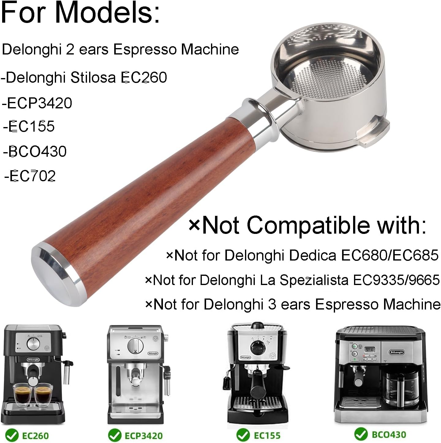 CAPFEI Bottomless Portafilter 51mm 2 Ears for Delonghi Stilosa EC260/ECP3420/EC155/BCO430 | Filter Basket 0.3mm Pores