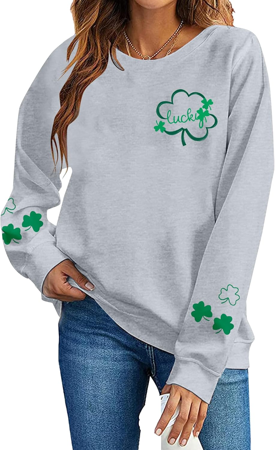 MNLYBABY St. Patrick's Day Sweatshirt for Women Lucky Shamrock Print Shirt Cute Ireland Clover Gift Long Sleeve Pullover Tops