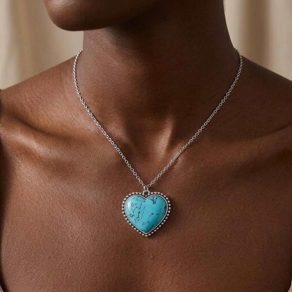 Simulated Turquoise Heart Necklace for Women - Silver Plated Western Jewelry Cowgirl Heart Pendant Boho Style Blue Stone Necklace for Coastal Cowgirl Aesthetic, 18" + 2" Extender