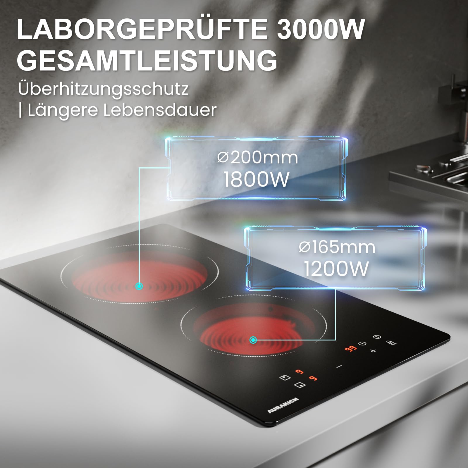 Glaskeramikkochfeld 2 Platten, Einbau-Kochfeld 3000W, 9 Leistungsstufen, Timer, Kindersicherung, mit Stecker
