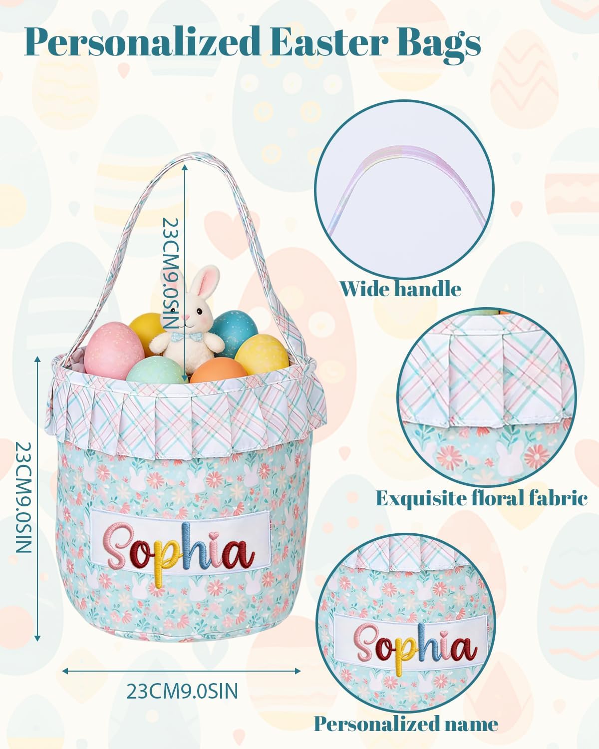 Personalized Easter Floral Bunny Basket for Kids, Custom Cute Rabbit Basket w/Embroidered Name, Customized Egg Hunt Storage Bags with Handles, First Easter Gifts for Newborn Baby Toddler Boy Girls - Image 2