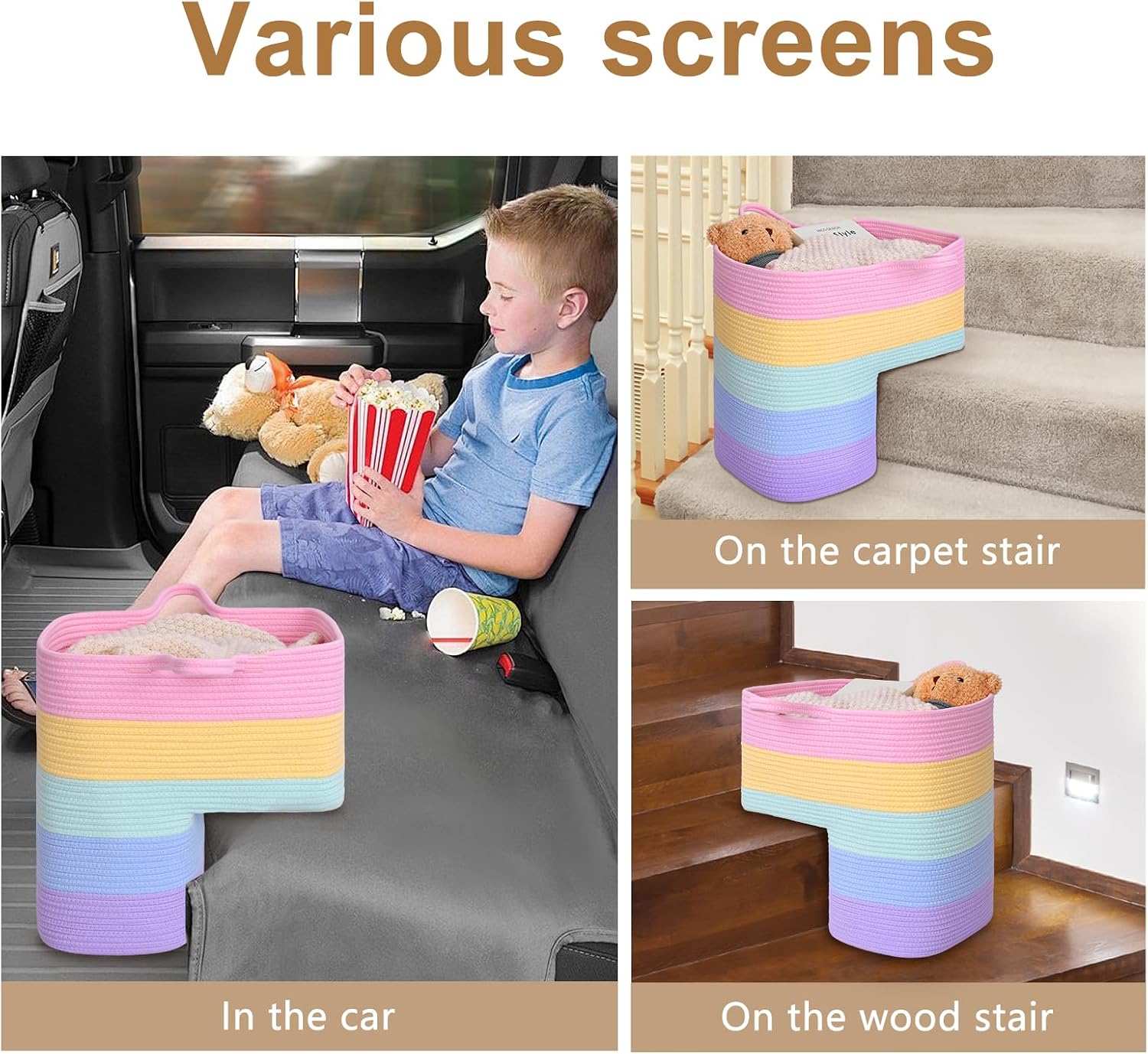 Stair Basket for Wooden & Carpeted Stairs, Foldable Cotton Rope Step Basket with Handles, Staircase Storage Organizer, Pastel Rainbow, 15" Lx 10" W x 15" H
