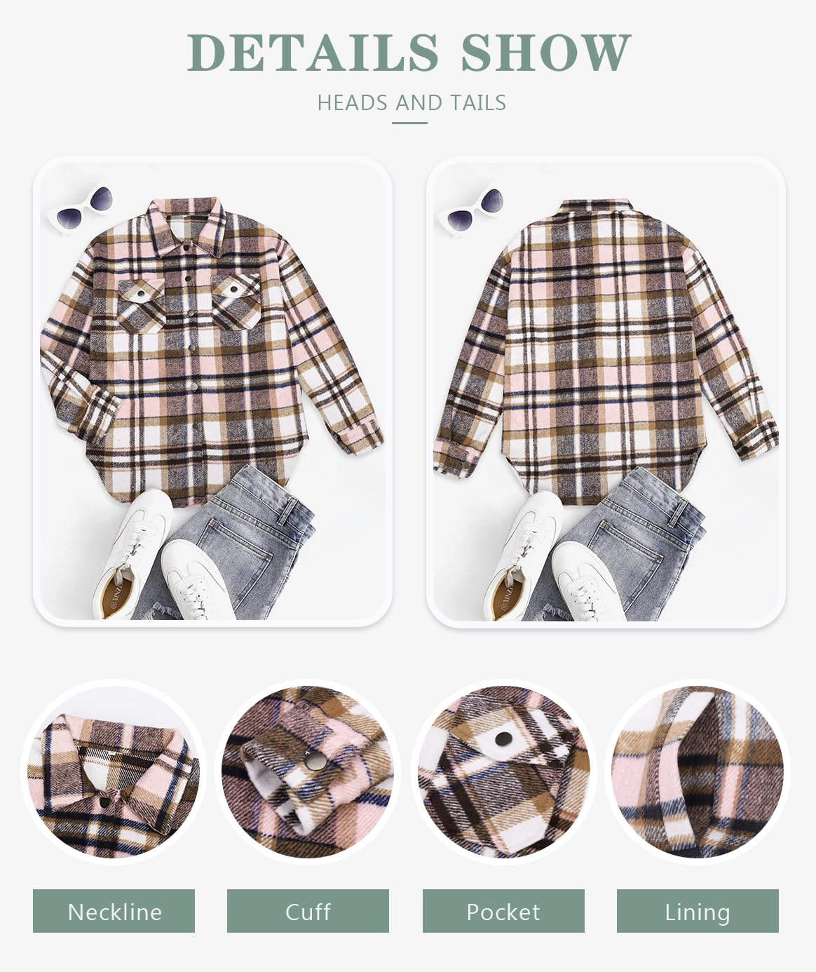 Beaully Women's Flannel Plaid Shacket Fall Winter Outfits Long Sleeve Button Down Shirts Jacket Coats with Side Pockets: Pink Large