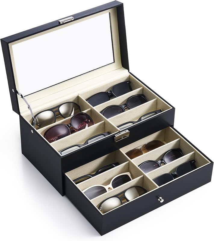CO-Z Sunglasses Organizer with 12 Slots, Multiple Eyeglasses Eyewear Display Case for Women Men, 2 Story Leather Multi Sunglasses Jewelry Collection Holder with Drawer | PU leather, transparent acrylic top, lockable dustproof, for sunglasses watches jewelry, 12 compartments, black